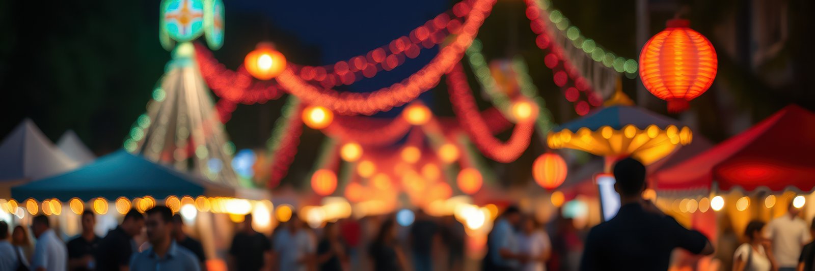 Vibrant evening market filled with colorful lights and festive decorations during a cultural celebration